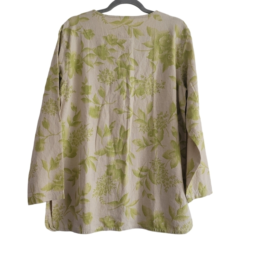 VTG A.M.I. Green Floral Tan Button Up V-Neck Shirt Lagenlook Linen Cotton Large - Picture 2 of 10